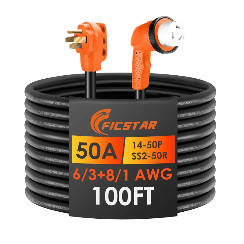 100-Foot 50-Amp Rv Power Cord – Rotating Lock Grip Handle, Led Indicator, Nema 14-50P To Ss2-50R, 6/3+8/1 Sjtw 1