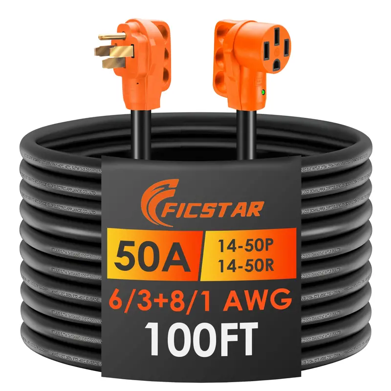 100-Foot Outdoor 50-Amp Rv Extension Cord – 4-Prong Nema 14-50P To 14-50R, 125/250V, 12500W, 6/3+8/1 Stw 1