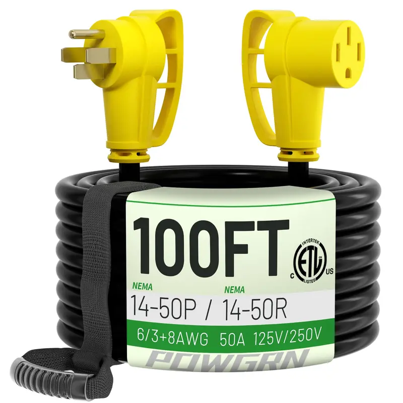 100-Foot Rv/Ev 50-Amp Outdoor Extension Cord – 4-Prong Nema 14-50P/R, Black-Yellow, Waterproof 6/3+8/1 Stw 1