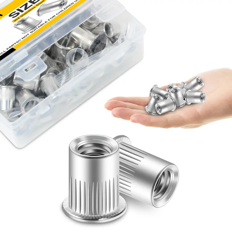 100-Pack #10-24 Stainless Steel 304 Rivet Nuts – Flat Knurled Head Threaded Inserts For Wood, Metal & Riv Body Applications 1