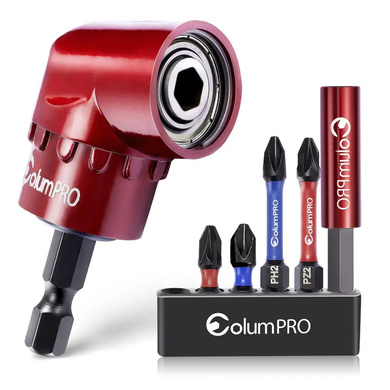 105-Degree Right-Angle Drill Attachment – 1/4-Inch Hex Shank With 4 Pz2/Ph2 Bits And Columpro Bit Holder 1