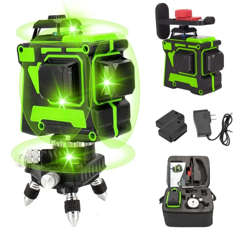 12-Line 3D Green Laser Level – 3X360° Cross-Line, Wall-Mount Kit & Dual Rechargeable Batteries 1