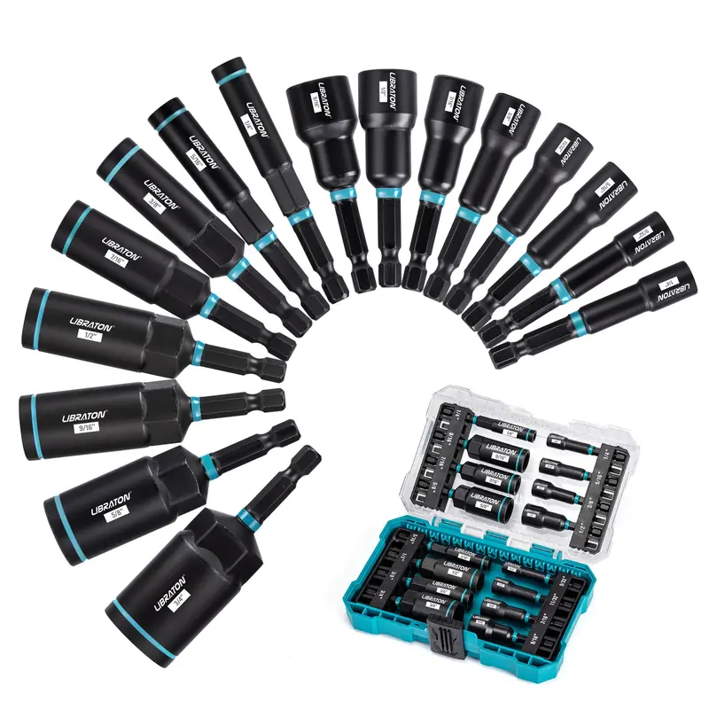 16-Piece Magnetic Impact Nut Driver Kit – Sae Sizes (1/4"–9/16"), Deep-Well Nuts (1/4"–4/3"), Tool Box Included 1