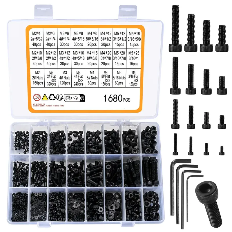 1680-Piece Black Metric Hex Fastener Kit – M2–M5 Screws, Nuts & Washers For General Assembly 1