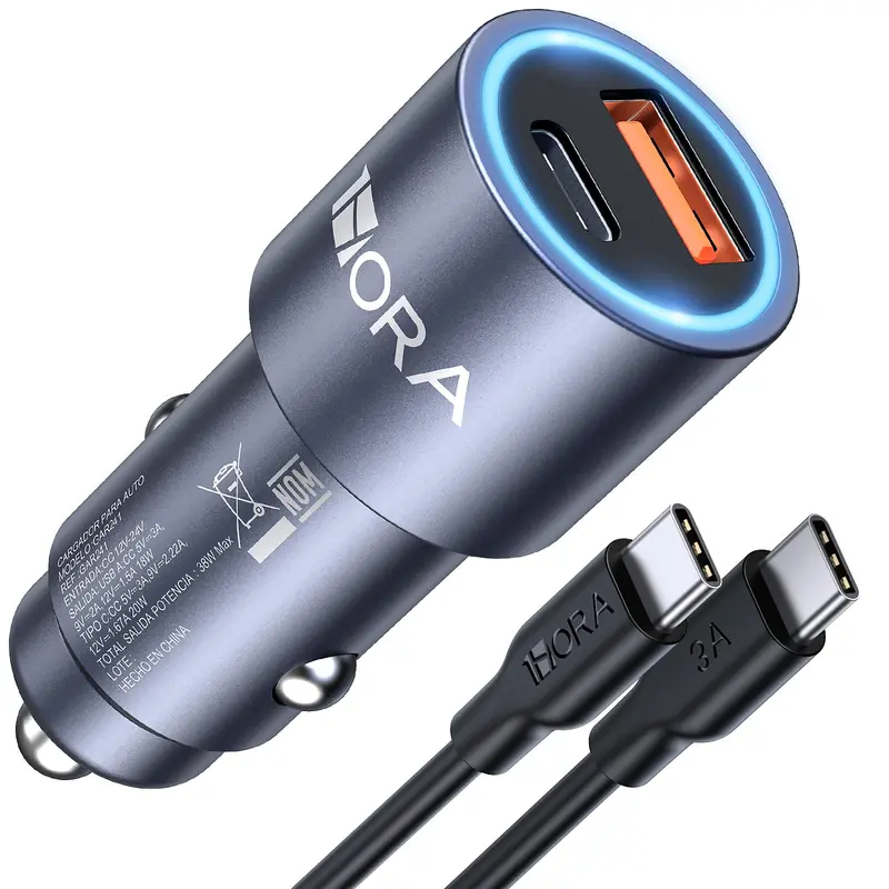 38W Dual-Port Car Charger – Usb-C Pd 20W + Qc 3.0 18W With 3A Usb-C To Usb-C Cable For Iphone 14–13 Pro Max, Samsung Galaxy S23–S21, Motorola, And Xiaomi 1