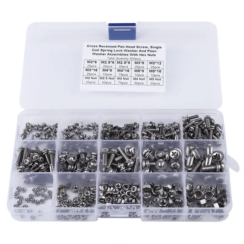 400-Piece Cross-Recessed Machine Screw Kit – M2–M5 Flat Head Screws With Hex Nuts & Plain Washers 1