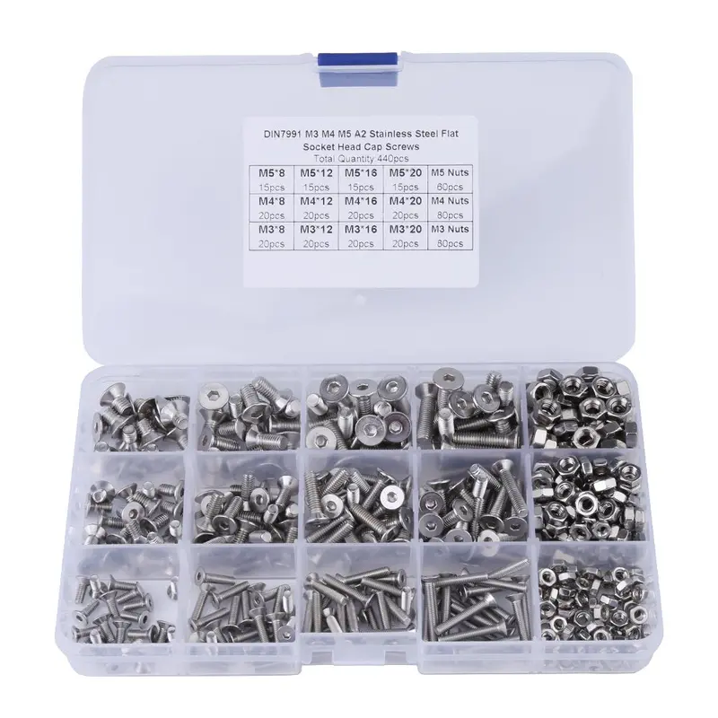 440-Piece M3–M5 Machine Fastener Assortment – Pan Head Hex Screws & Matching Nuts 1