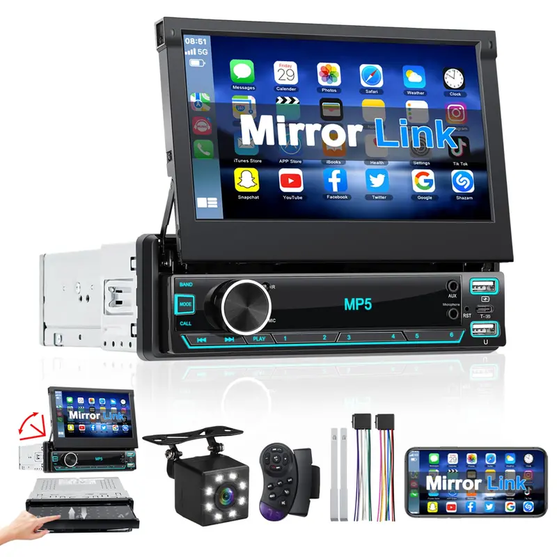 7-Inch Retractable Touchscreen Stereo With Mirrorlink, Bluetooth 5.0, Fm, Usb/Tf, Aux, And Rear-View Camera 1