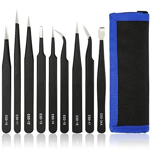 9-Piece Esd-Safe Precision Tweezers Set – Anti-Static, Non-Magnetic Stainless Steel For Electronics & Lab Use 1