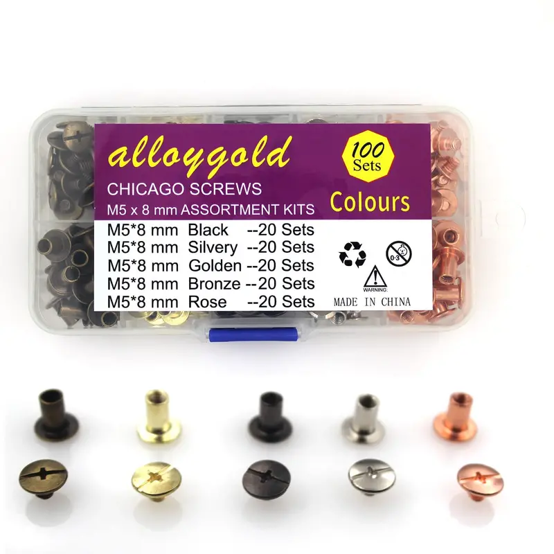 Alloygold 100-Piece Chicago Screw Assortment – 5-Color M5×8Mm Rivets (Black, Silver, Gold, Copper, Rose Gold) For Bags, Belts & Photo Albums 1