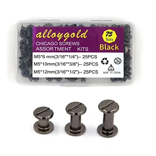 Alloygold 75-Piece Chicago Binding Screw Set – Black Round-Head Screws & Rivets (M5×6/10/12Mm) For Leathercraft & Bookbinding 1
