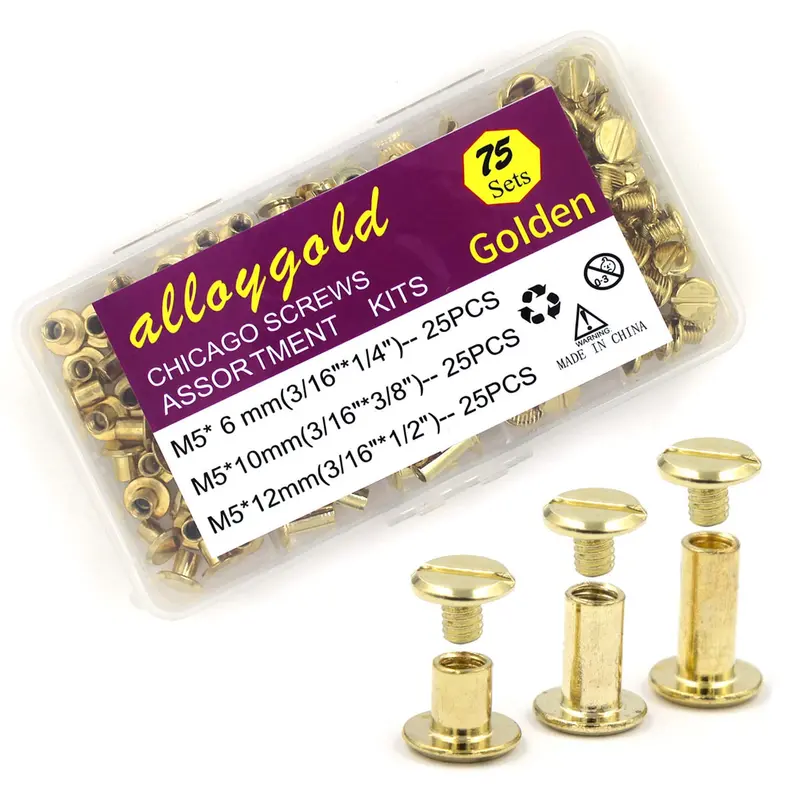 Alloygold Assorted Chicago Screws – 75-Piece Gold-Finished Binding Kit With M5×6/10/12Mm Round Flat-Head Rivets For Leather & Bookbinding 1