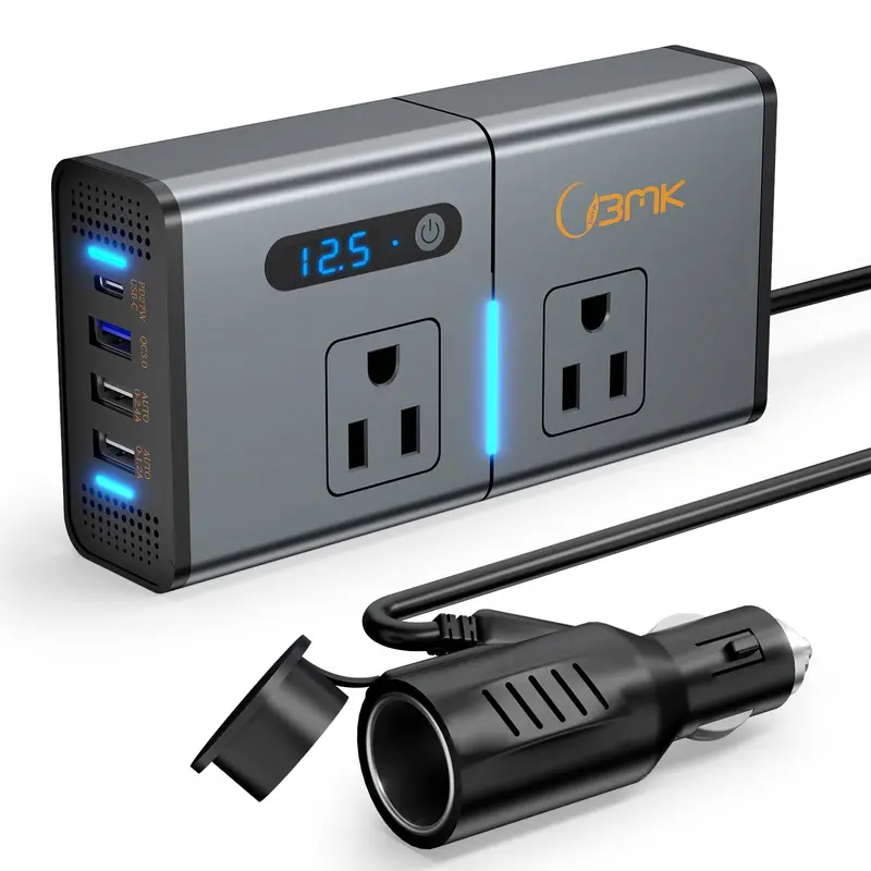 Bmk 200W Car Power Inverter: 12V Dc To 110V Ac Converter With Dual Usb Ports (Qc3.0 + Type-C), 1.2A/2.4A Output 1