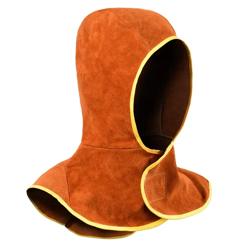 Cowhide Split-Leather Welding Hood – Draped Shoulder Collar For Full Head & Neck Protection (Brown) 1