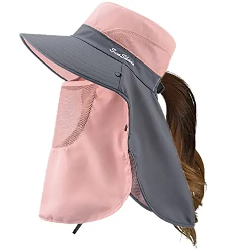 ▶ Unisex Uv-Protective Fishing & Hiking Hat – Ponytail-Friendly Wide Brim With Neck Flap, Pink, Large Size 1