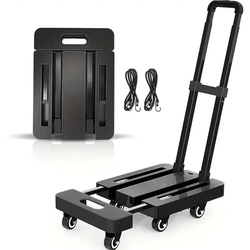 Expandable 230Kg Folding Load Dolly – 6-Wheel Portable Cart With Elastic Strap, Black 1