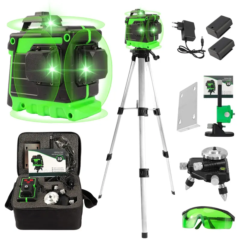 Green 3D Laser Level – 12-Line Auto-Leveling, 3X360° Cross-Line, Includes Tripod, Wall Mount & Safety Glasses 1