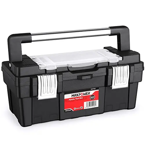 Maxpower 16-Inch Portable Tool Box With Removable Tray, Stainless Steel Handle & Dual Metal Latch – 33 Lb Capacity 1
