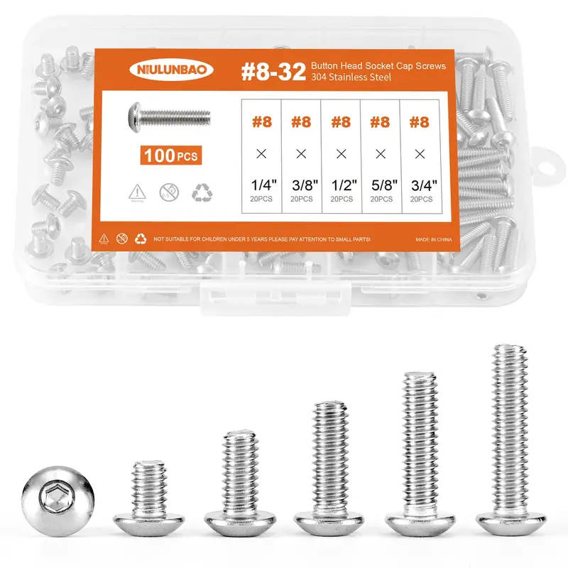 Niulunbao #8-32 Unc Button Head Socket Screws – 1/4 In To 3/4 In Lengths, Stainless Steel 304, Bright Machined Finish, Hex Allen Drive Assortment 1
