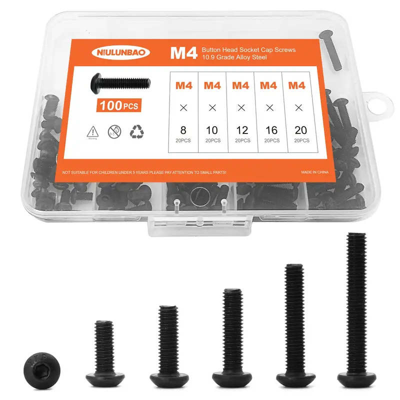 Niulunbao M4 Metric Button Head Socket Screw Variety Pack – 8–20 Mm Lengths, Grade 10.9 Alloy Steel, Black Oxide Finish, Hex Allen Drive (100 Pcs) 1