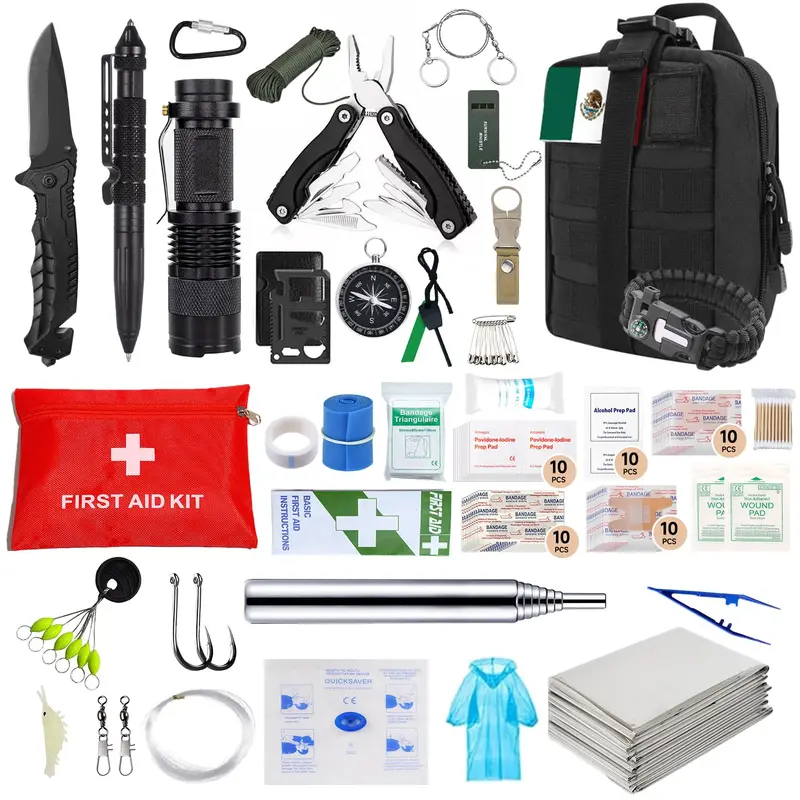 Premium Outdoor Survival Kit – Includes Led Flashlight, Compass, Rain Ponchos, Gauze, And Essential Field Tools For Personal Safety & Wilderness Resilience 1