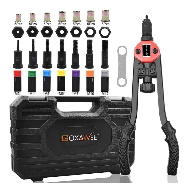 Professional Manual Rivet Tool Kit – Includes 7 Interchangeable Mandrels (M3–M12), 35 Rivet Nuts, And Carrying Case 1