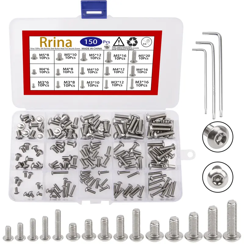 Rrina 150-Piece Tamper-Resistant Torx Button-Head Screw Set – Stainless Steel 304 Security Fasteners (M3–M5) With T10/T20/T25 Keys 1