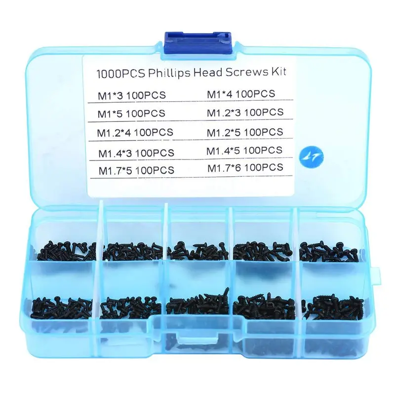 Walfront 1000-Piece Stainless Steel Self-Tapping Screw Set – M1 To M1.7, Phillips Round Head, In Black Storage Box 1