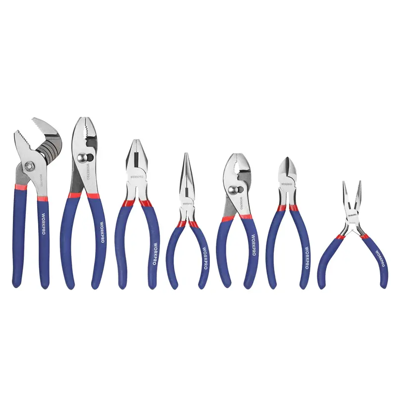 Workpro 7-Piece Plier Set – 8" Groove Joint, 6" Long Nose, 6" Slip Joint, 7" Linesman, 8" Slip Joint 1