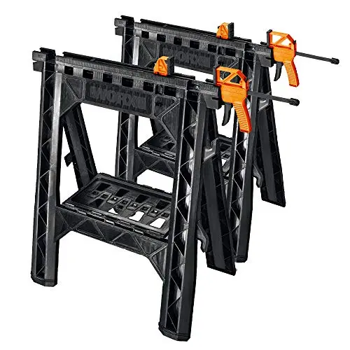 Worx Wx065 Clamp-Ready Sawhorse Pair – Includes Bar Clamps, Built-In Shelf & Cord Hooks 1