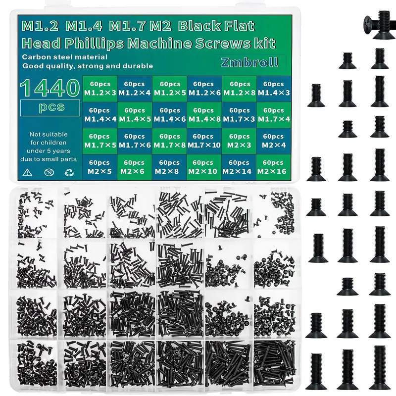 Zmbroll 1440-Piece Laptop Screw Kit – Black Phillips-Head Mini Screws (M1.2–M2) For Ssds, Laptops & Small Electronics 1